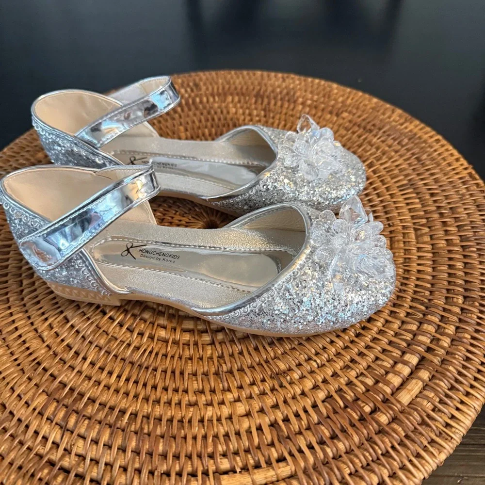 Hongchenkids Silver‎ Glitter princess Crystal Dress Shoes Girls Low Heel Size 34